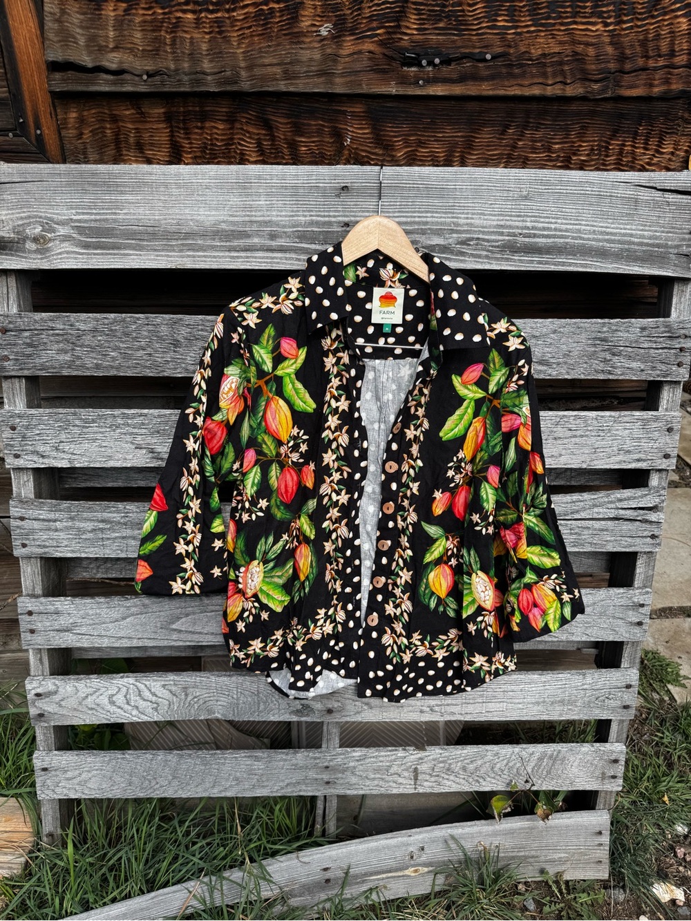 FARM Rio Black Button-Down Shirt with Red & Green Cocoa Pod Print